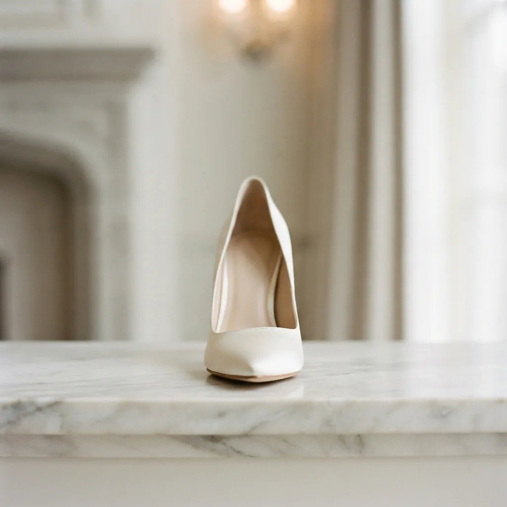 Classic pointed-toe wedding pump standing alone on a pale surface