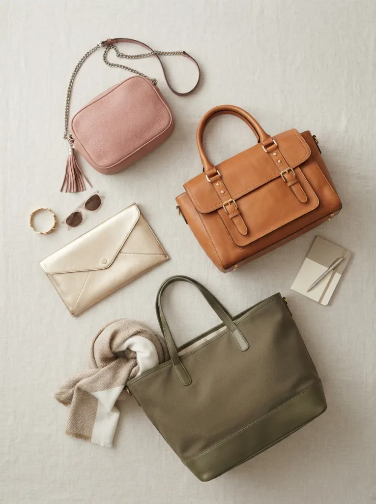 Assortment of women's purses including crossbody bags, totes and clutches arranged on a light surface