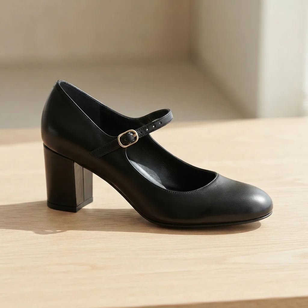 Black Mary Jane pump with an instep strap shown at a three-quarter angle