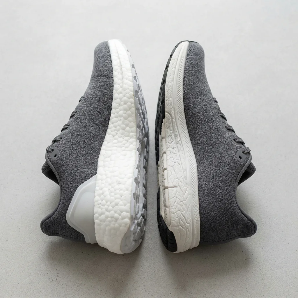 Side-by-side close-up of two running shoe midsoles showing thick plush foam next to a thinner firmer sole
