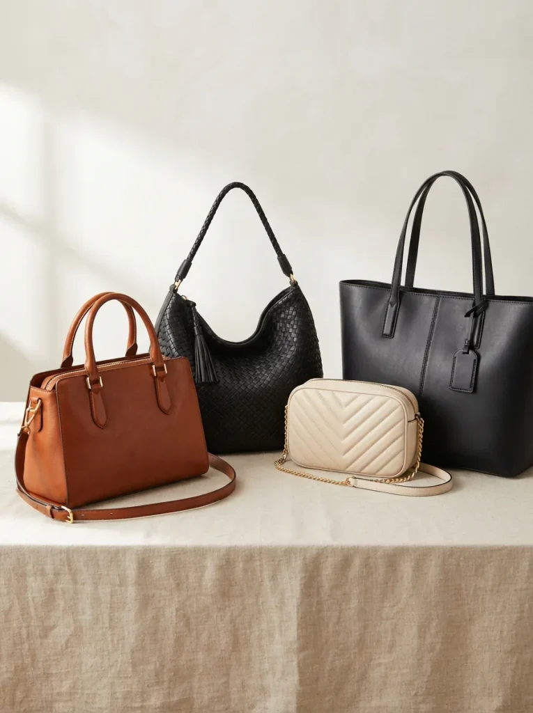 Assortment of women's handbags including a structured satchel, woven hobo, quilted crossbody and leather tote on a light studio surface