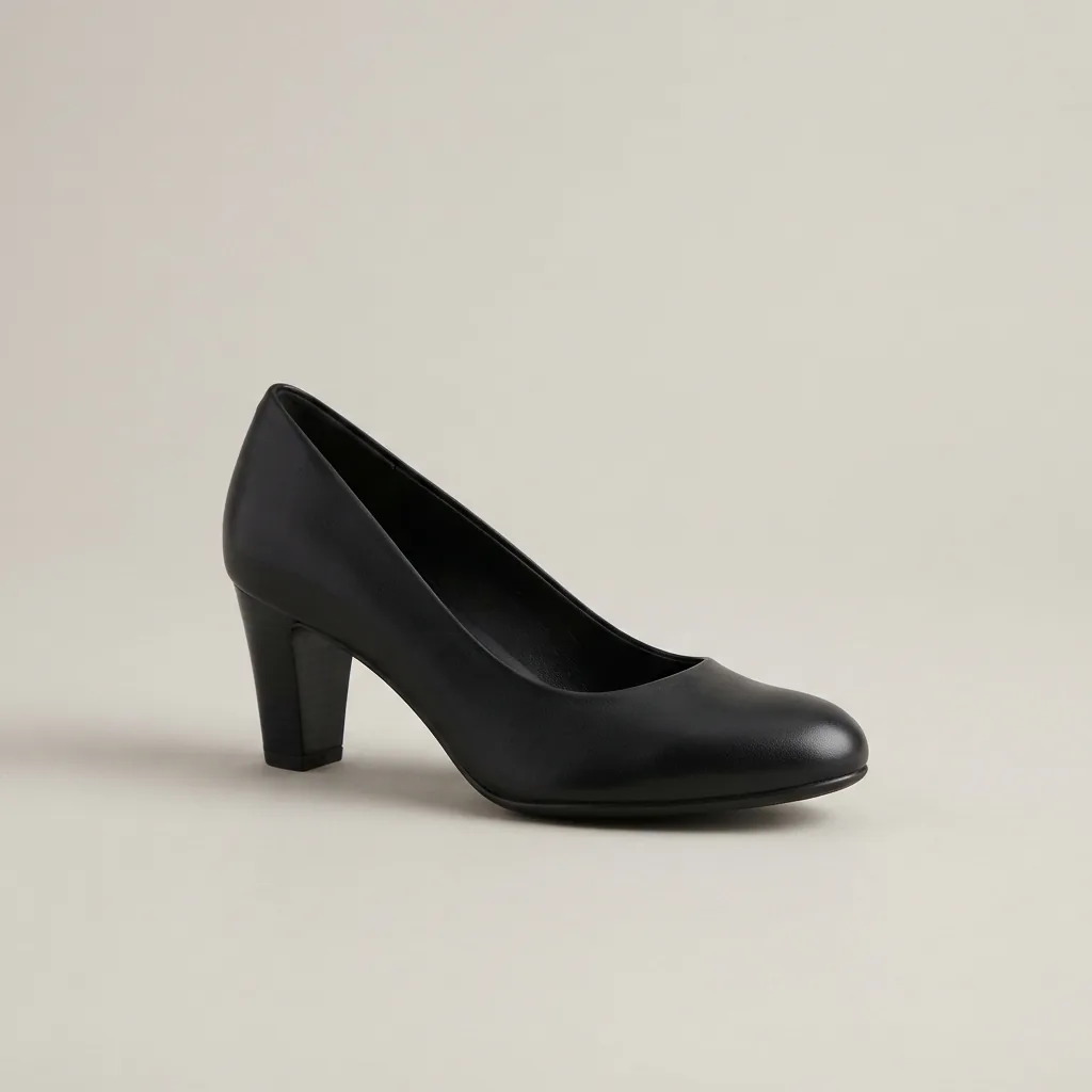Simple black rounded-toe pump standing on a light gray studio surface