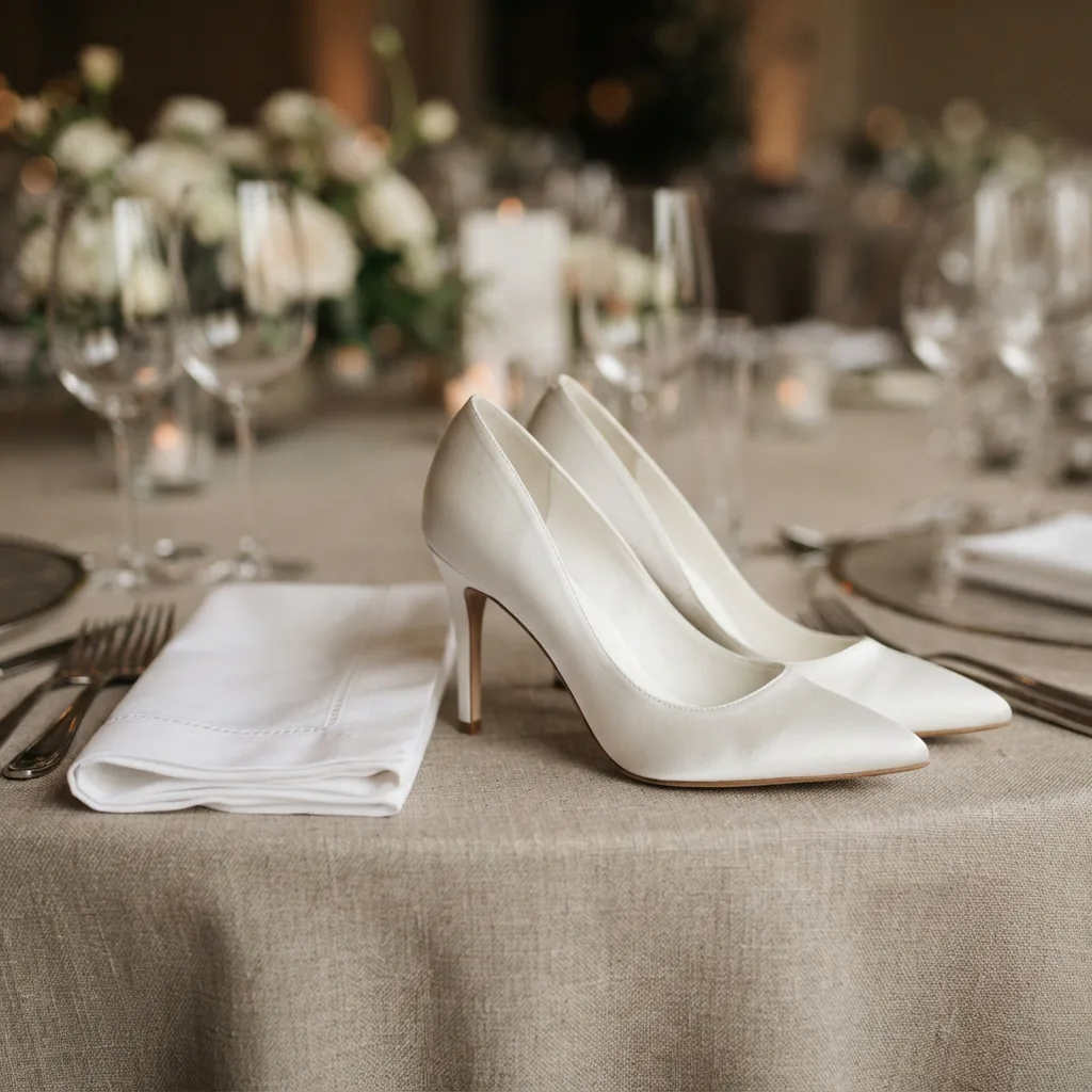 White heels arranged beside a folded napkin on a formal event table