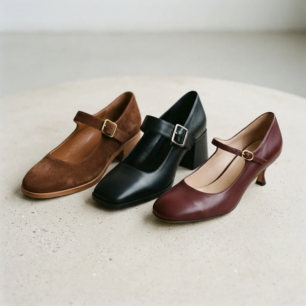 Three differently shaped Mary Jane shoes placed together to show varied cuts and toe shapes