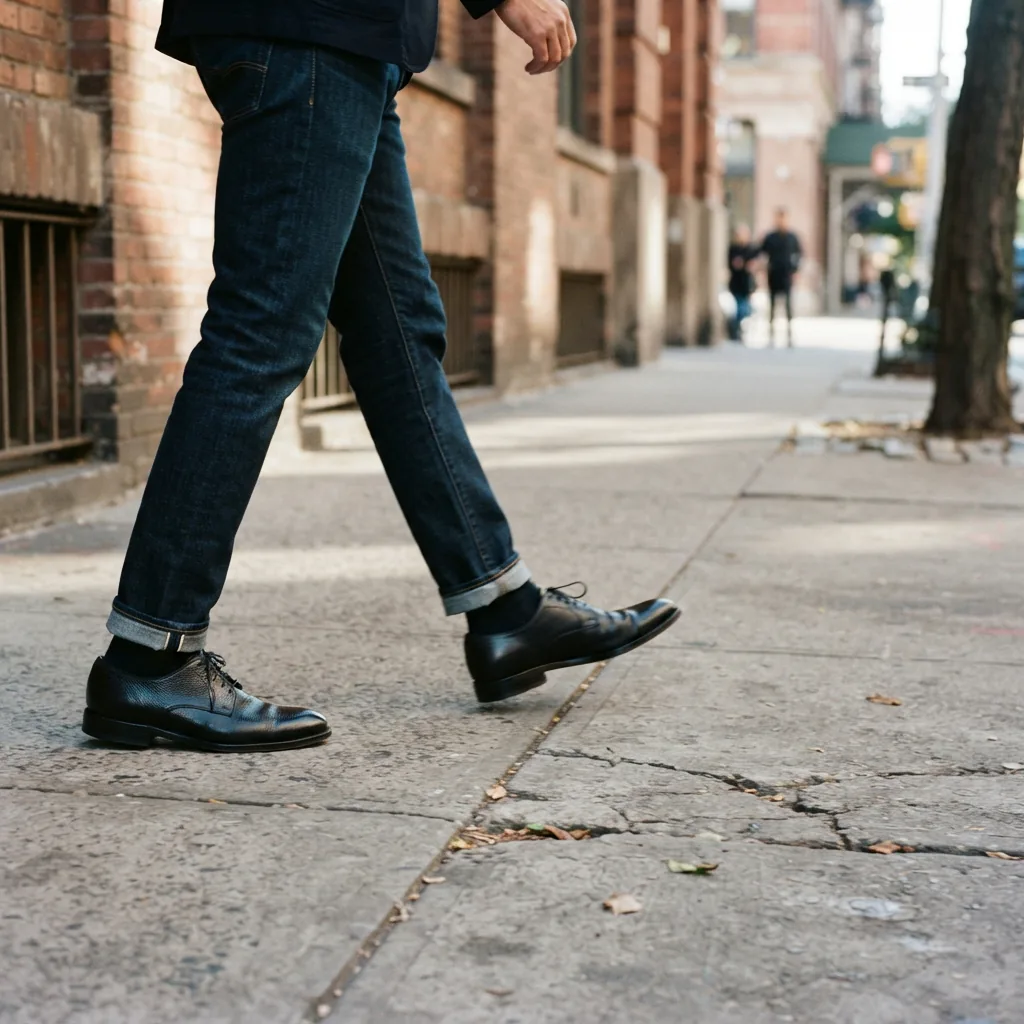 Adult man's legs in business casual trousers walking along a city sidewalk in lace-up shoes