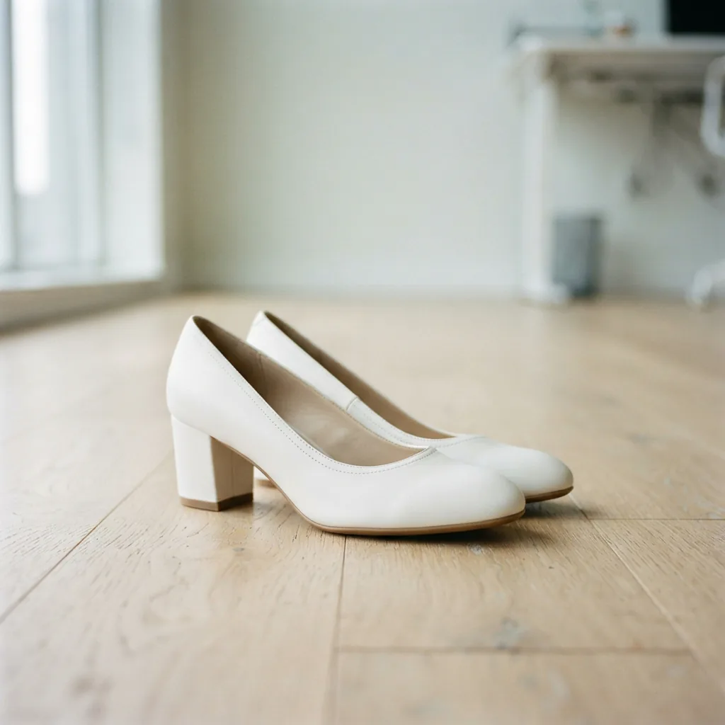 Low white heels styled on a light office floor for everyday wear