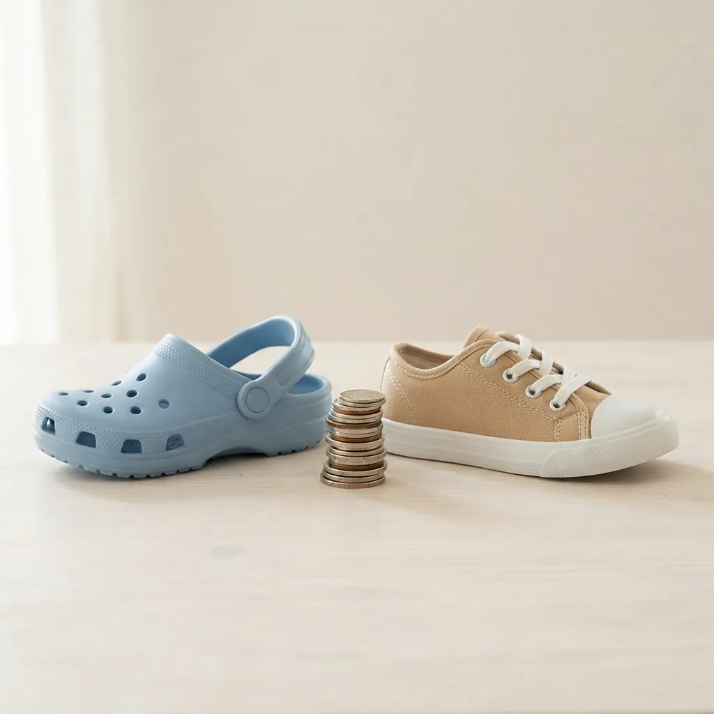 A children's clog and a children's low sneaker side by side with a small stack of coins between them