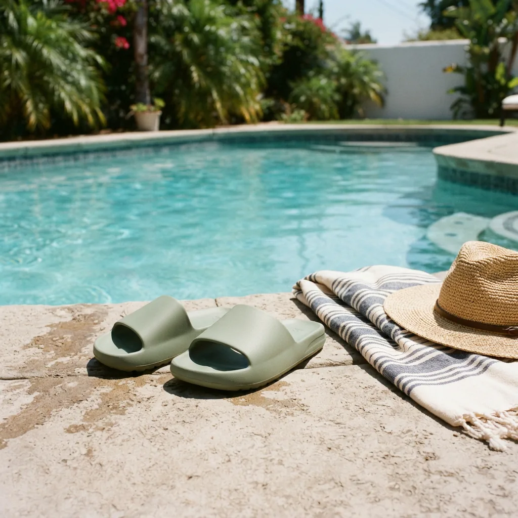 Unbranded slide sandals resting on dry concrete beside a swimming pool