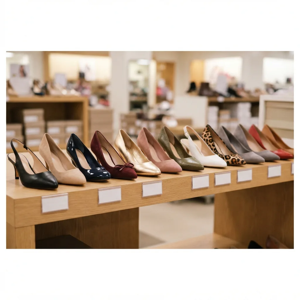 A row of assorted kitten heels lined up on a light retail shelf with blank tag holders