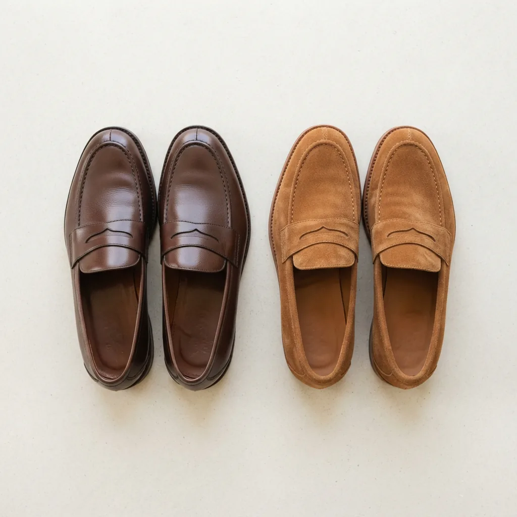 Close comparison of a leather loafer and a suede loafer side by side on a light surface