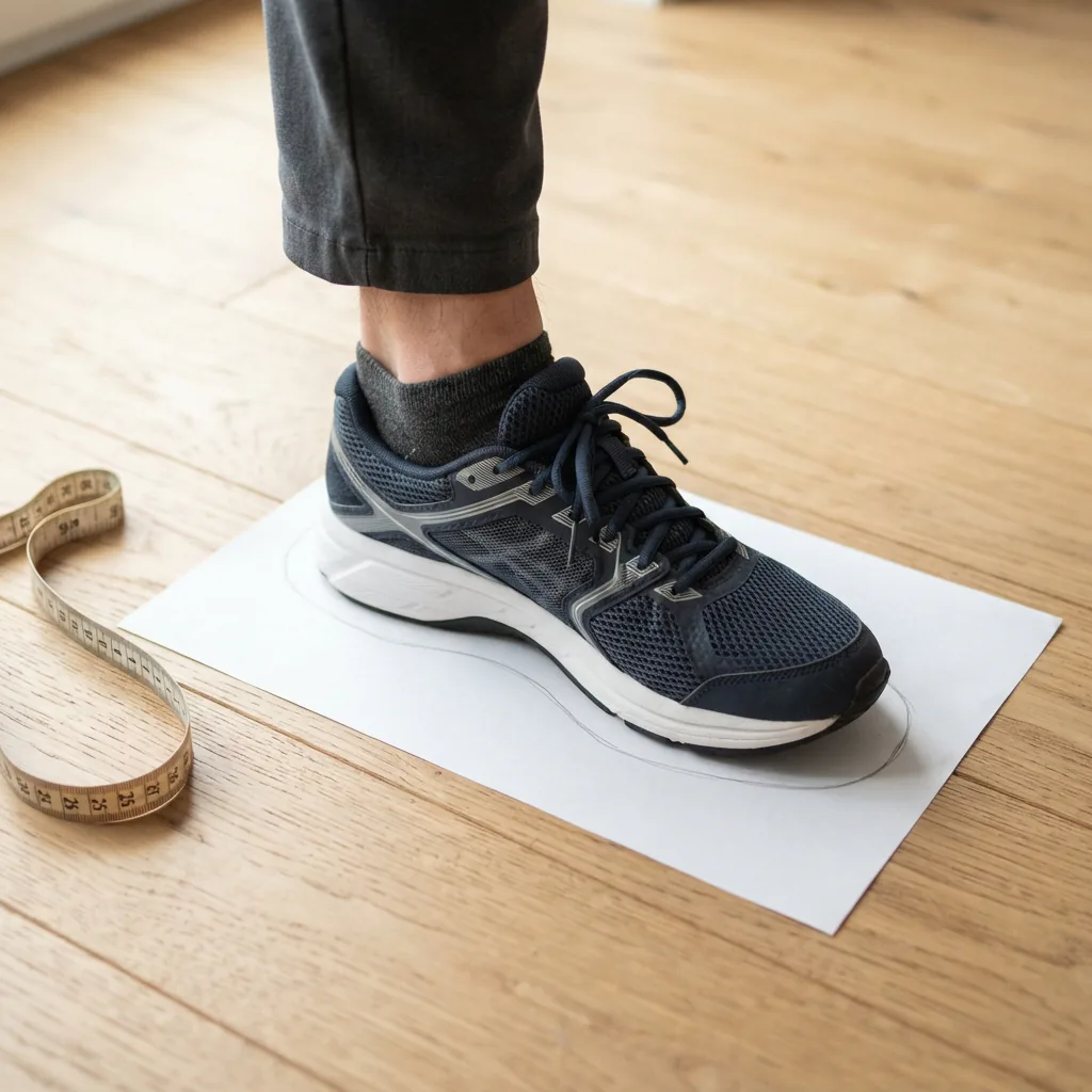 One adult's foot in an unbranded running shoe standing on a paper outline with a cloth tape measure nearby
