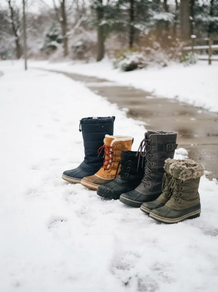 Assortment of winter snow boots lined up on snowy ground beside a cleared sidewalk