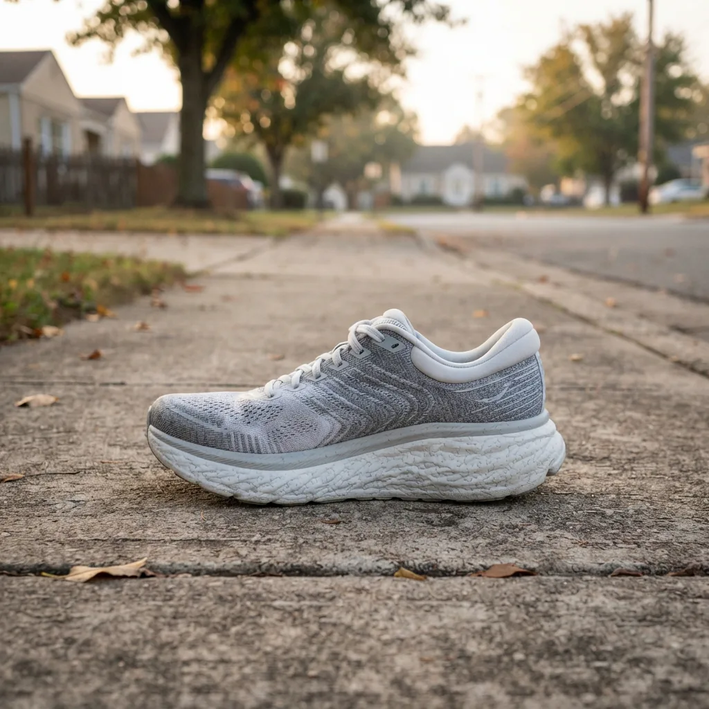 An unbranded cushioned running shoe resting on an empty neighborhood sidewalk in early morning light