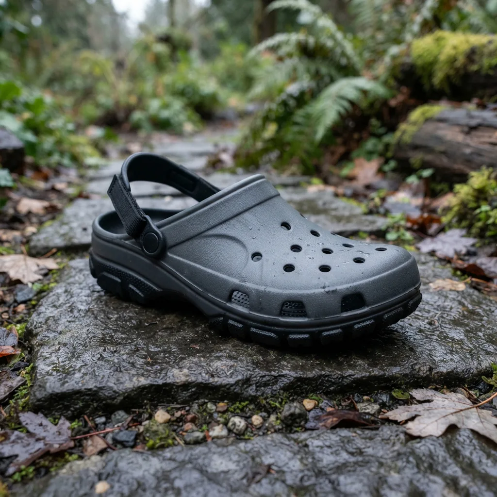 Sporty clog with ventilation ports sitting on wet stone outdoors
