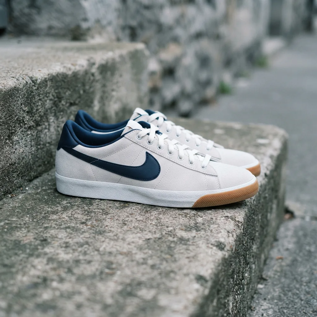 Classic low-profile court sneaker in white and navy shown alone on a concrete step