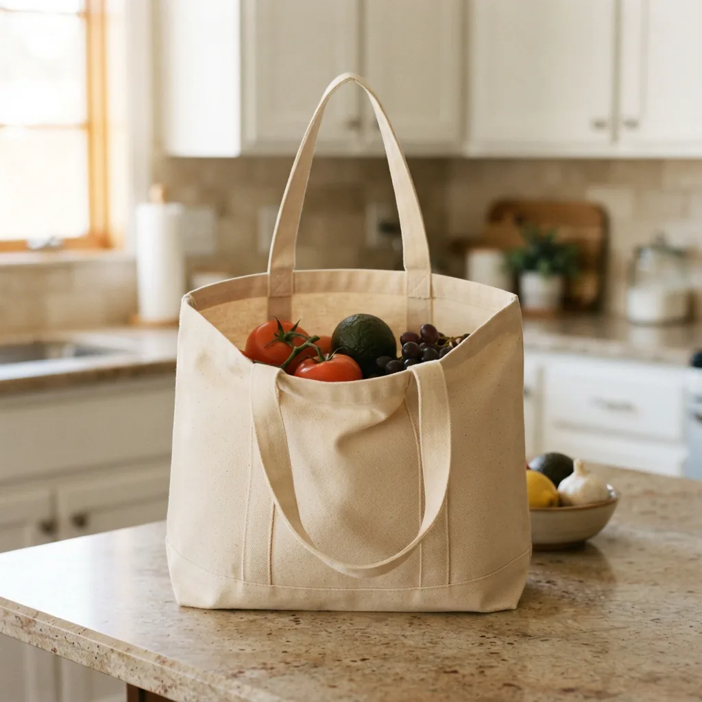 Canvas tote bag with produce on a kitchen counter