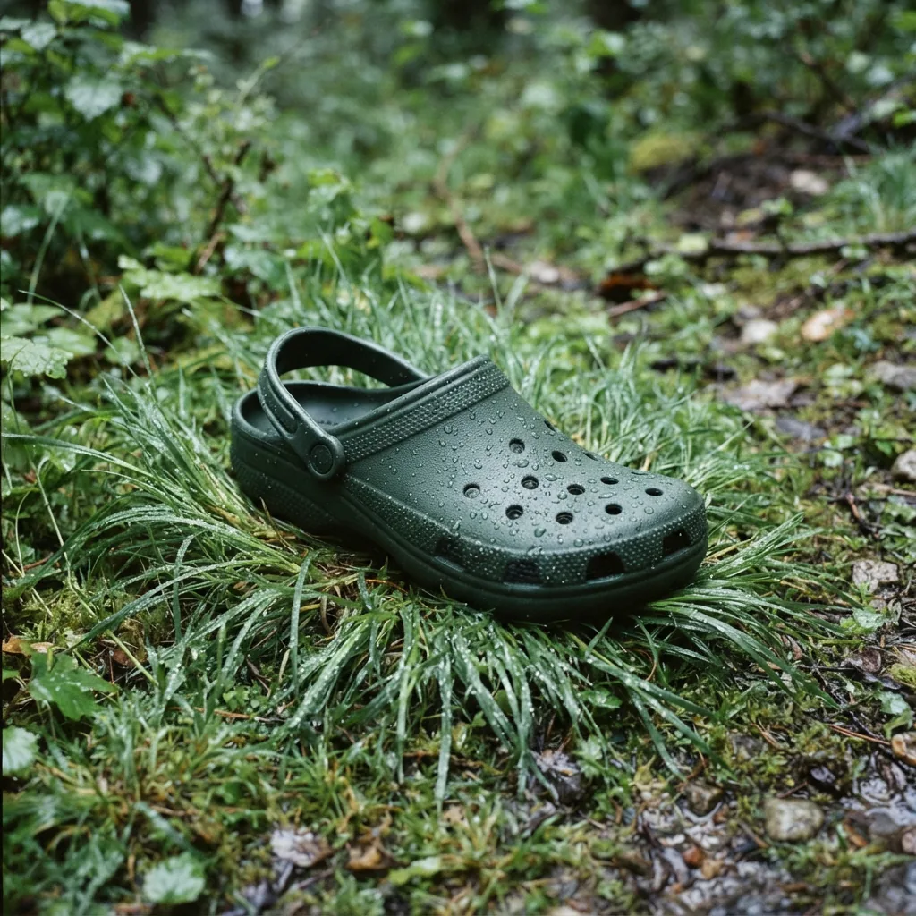 Clog on damp ground with small water droplets on its surface