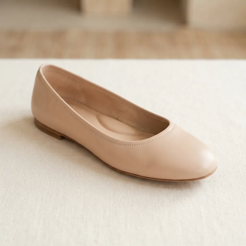 A single unbranded ballet flat with a soft rounded toe shown from a slightly elevated angle