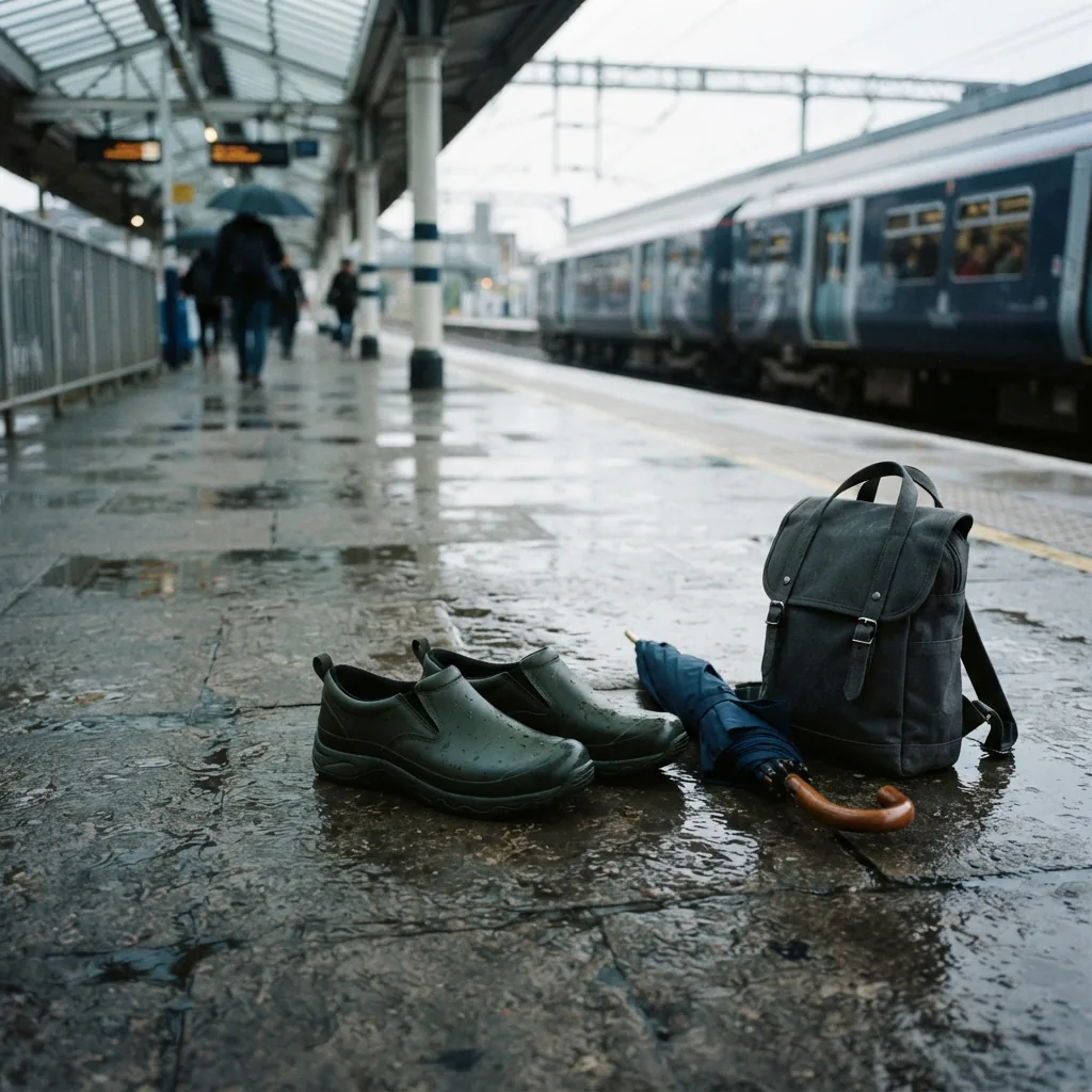 Water-resistant slip-on shoes on a damp train platform beside a folded umbrella