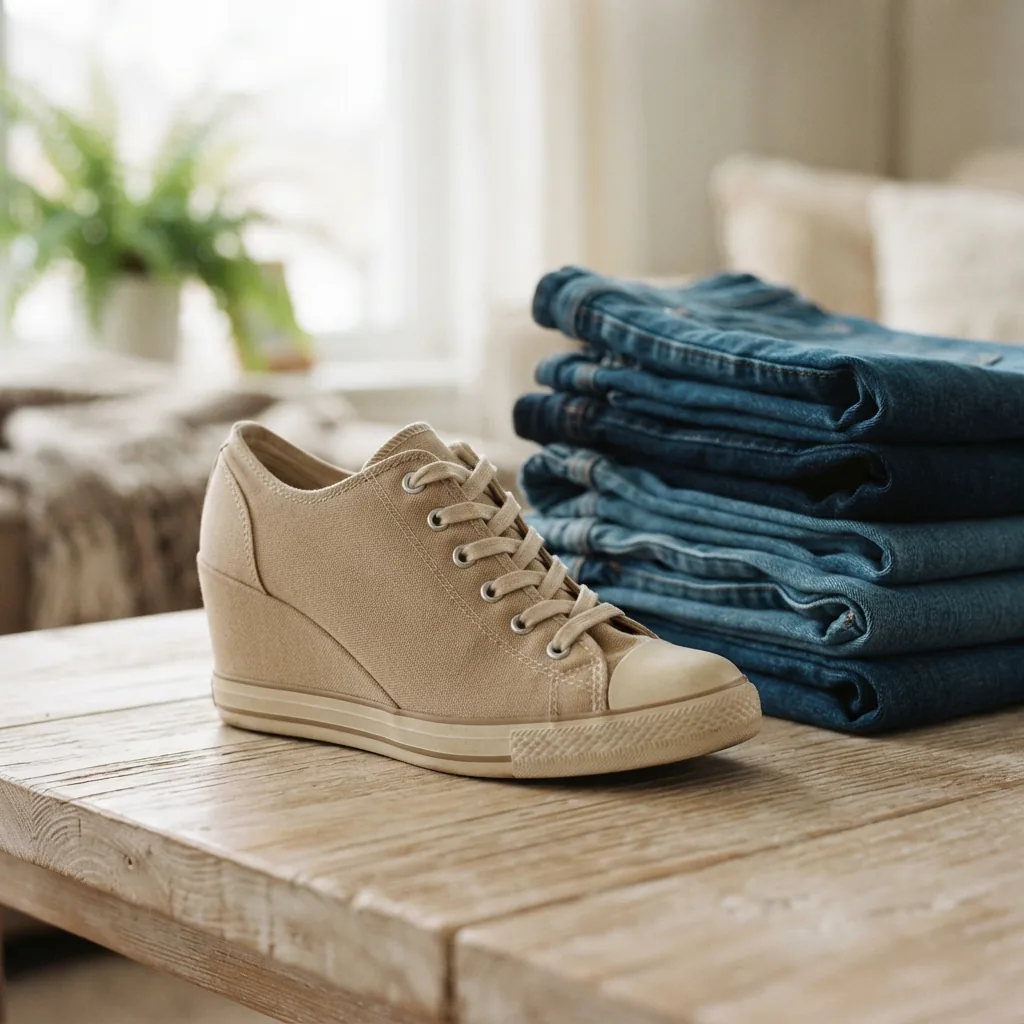 Wedge sneaker next to folded denim jeans on a light weekend-style surface