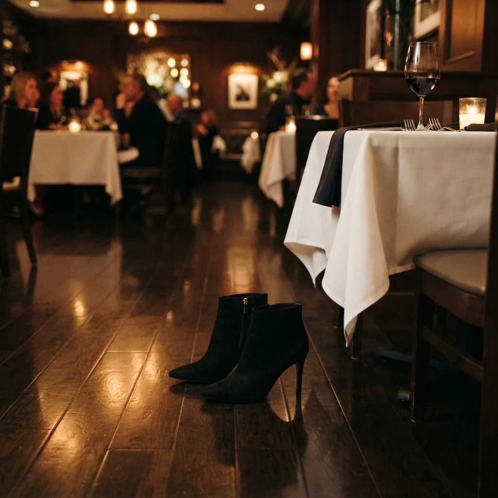 Dressy women's booties on a dark polished floor near the edge of a restaurant table