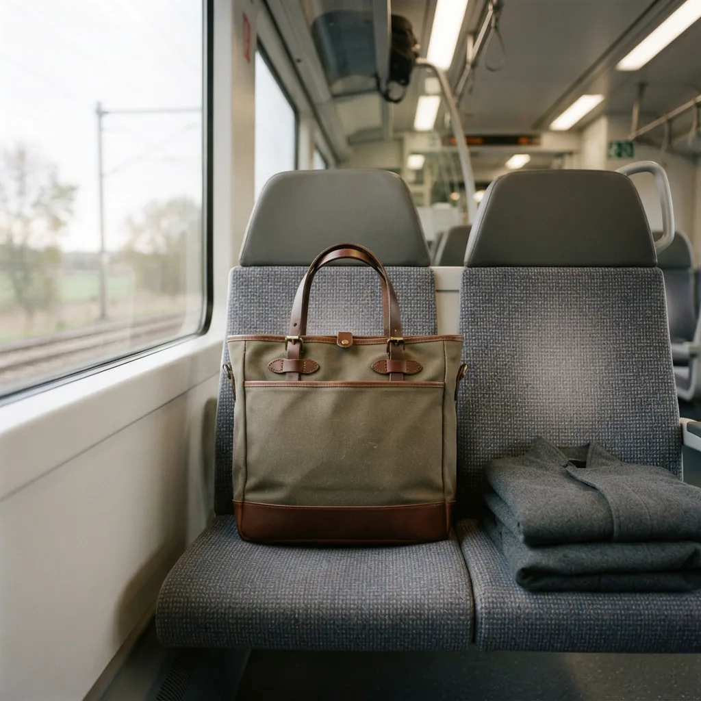 Structured tote bag on a train seat beside a folded jacket