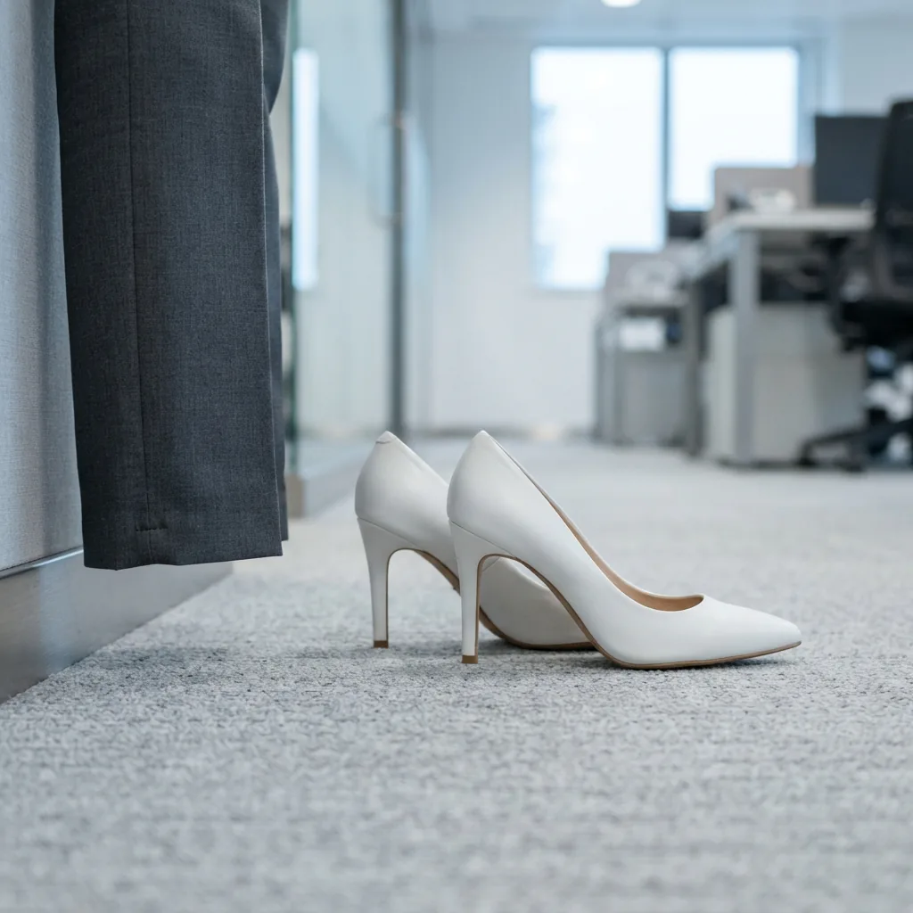White heels beside tailored trousers on a bright office floor