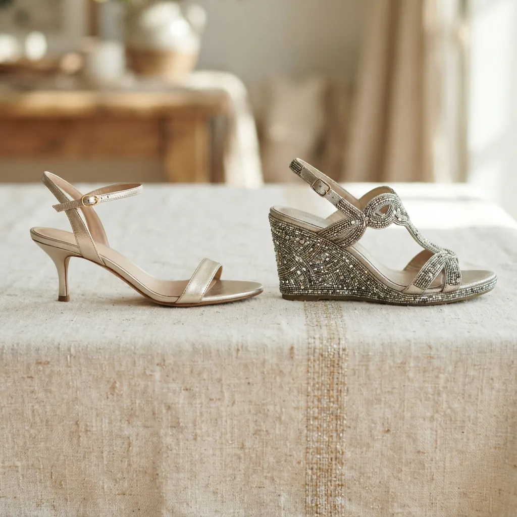 Beaded kitten heel sandal and metallic wedge sandal side by side on pale linen