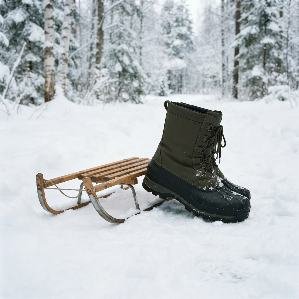 Waterproof winter boot beside a sled in fresh snow