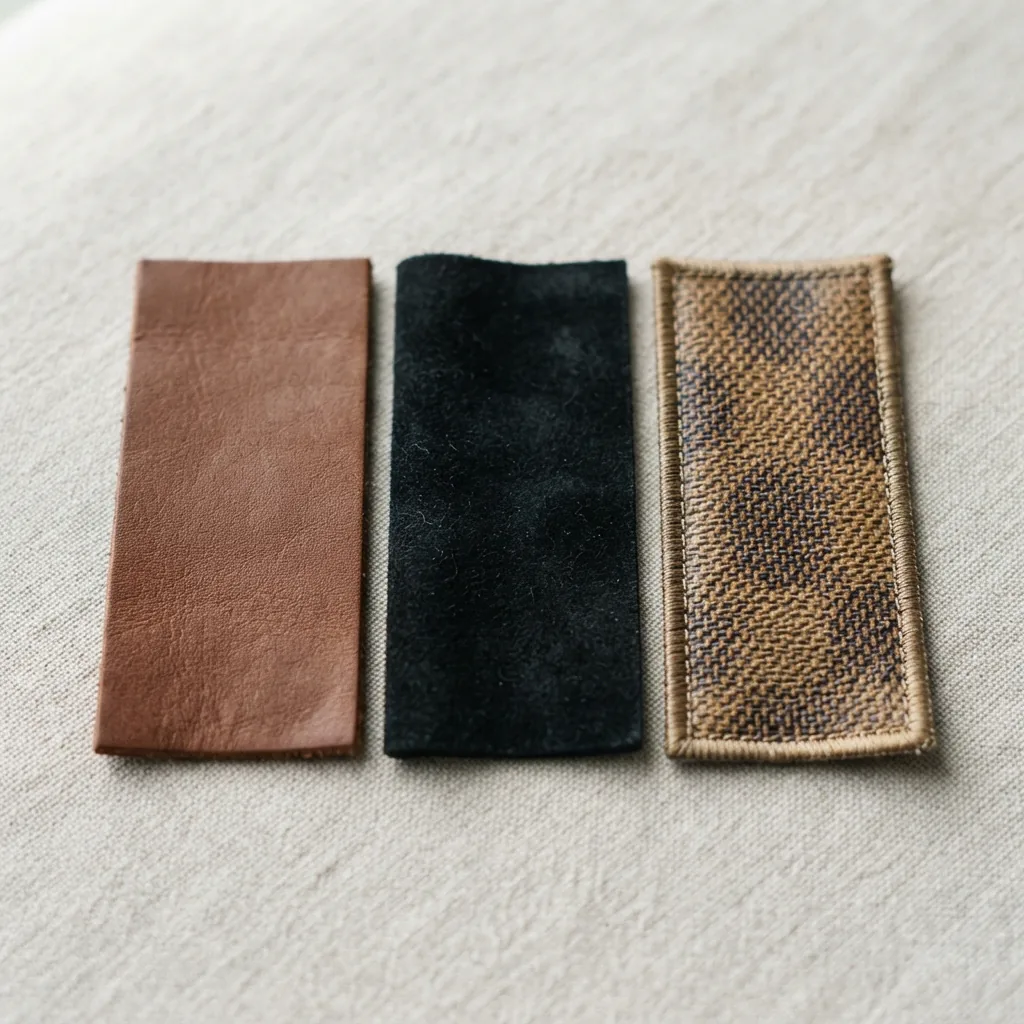 Close-up of leather, suede and fabric handbag materials laid side by side for texture comparison