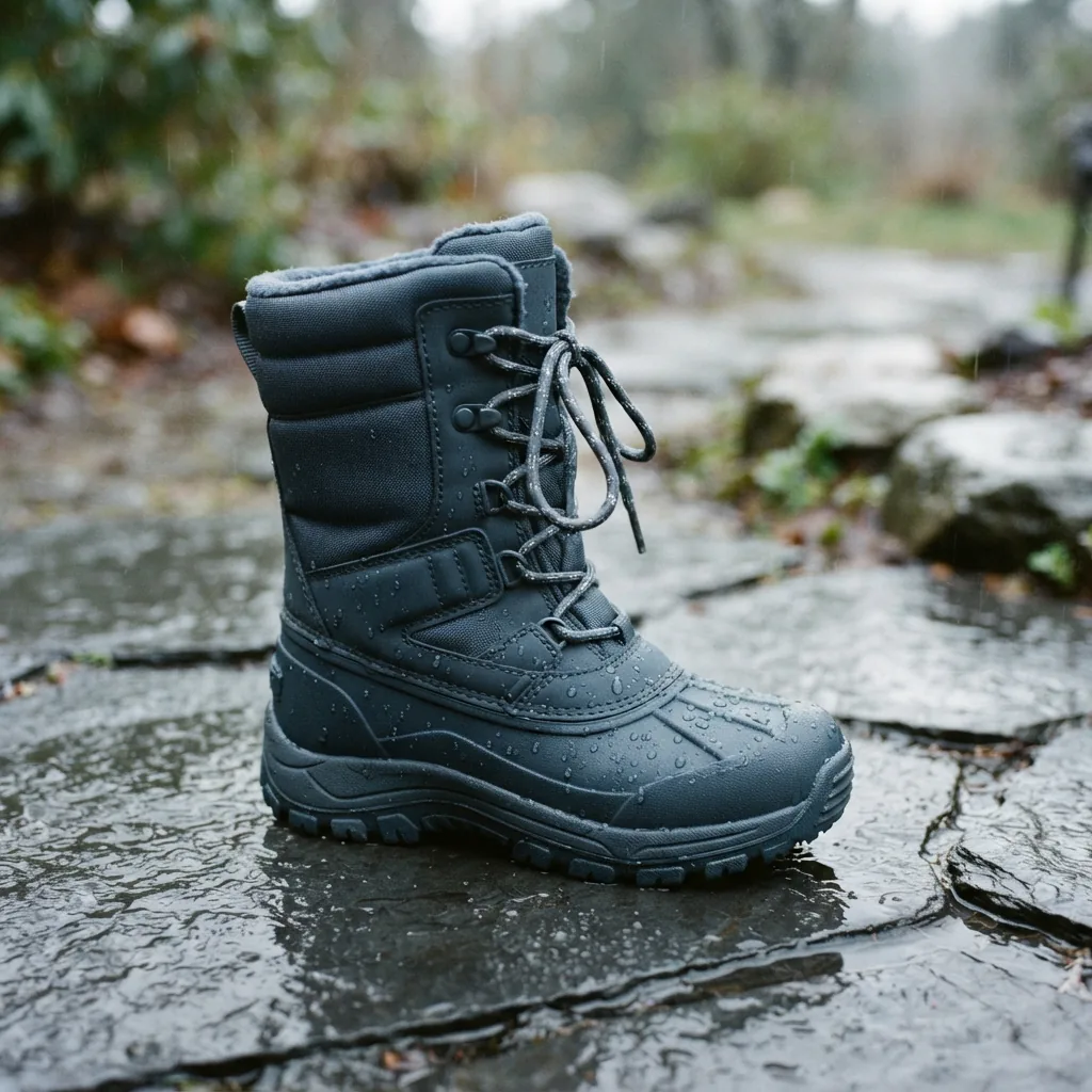 A children's winter boot standing on a wet slate-look surface with fine rain droplets
