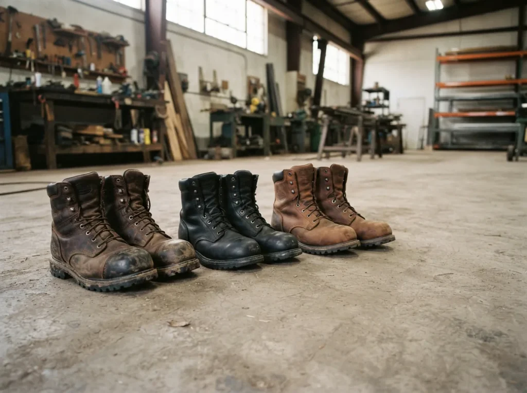 An overview lineup of steel toe, soft toe and waterproof work boots on a workshop floor.