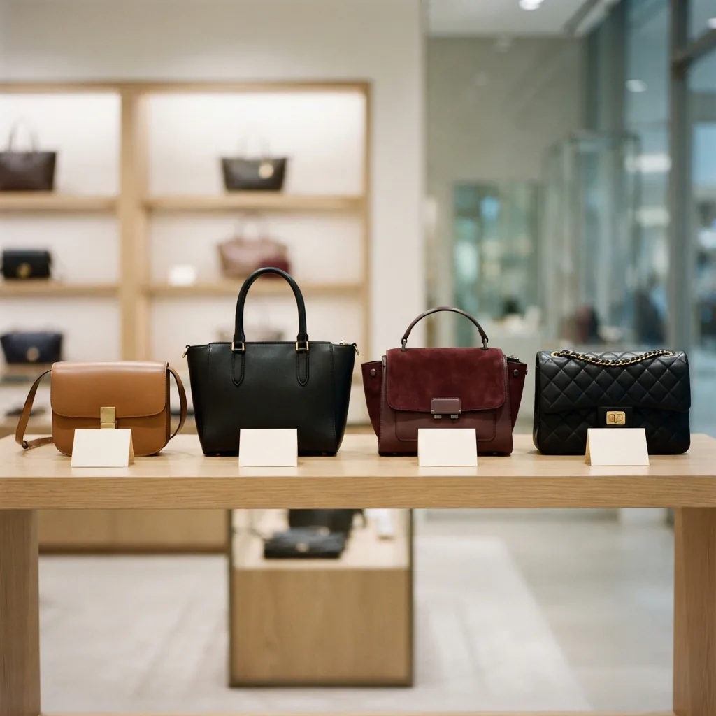 Handbags grouped at different price points on a clean retail shelf with small blank price cards