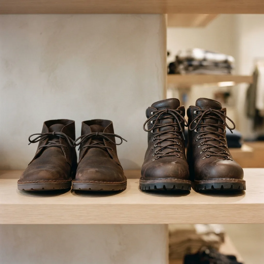 Two pairs of men's boots arranged on a pale retail shelf surface