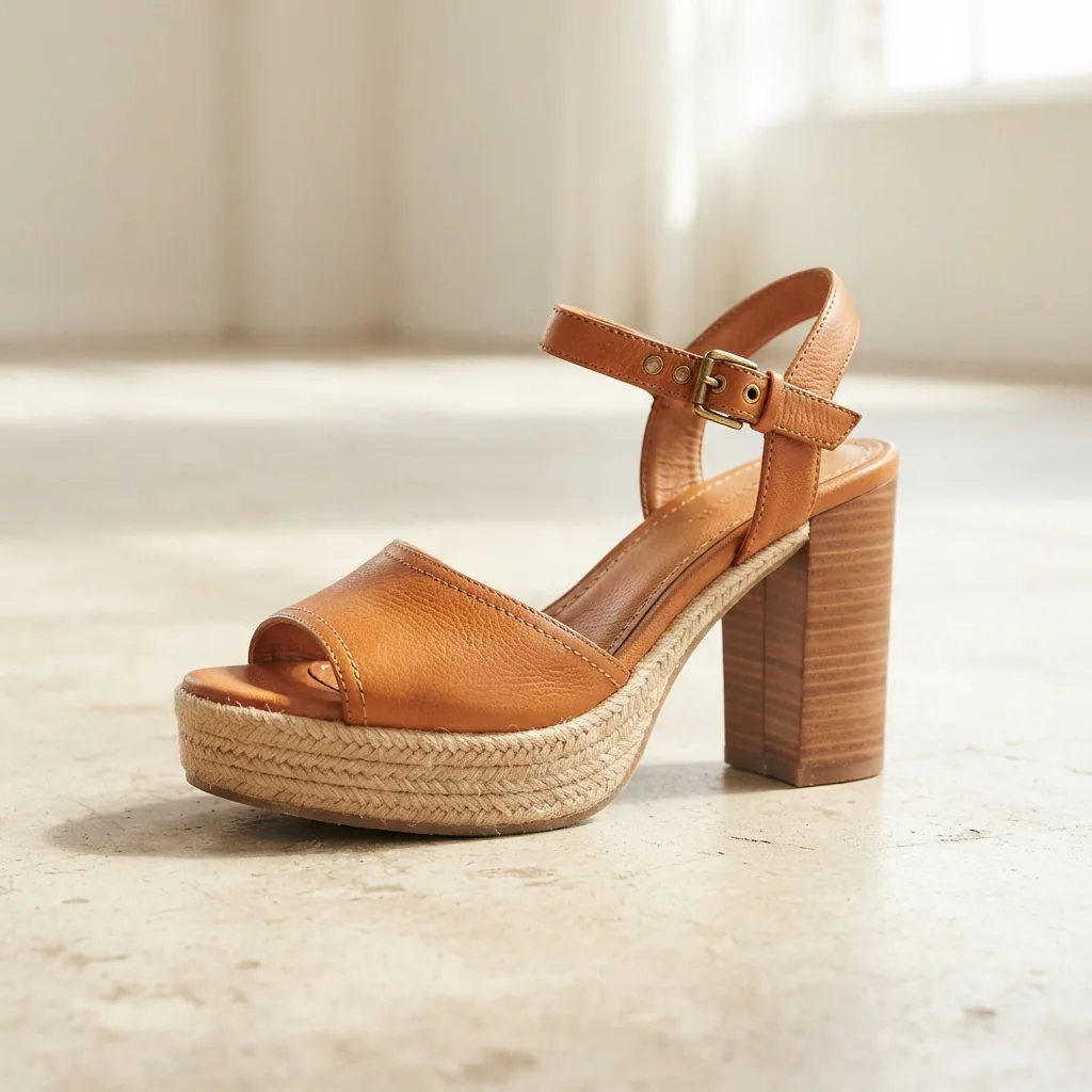 Open-toe women's platform sandal with ankle strap on a light studio surface