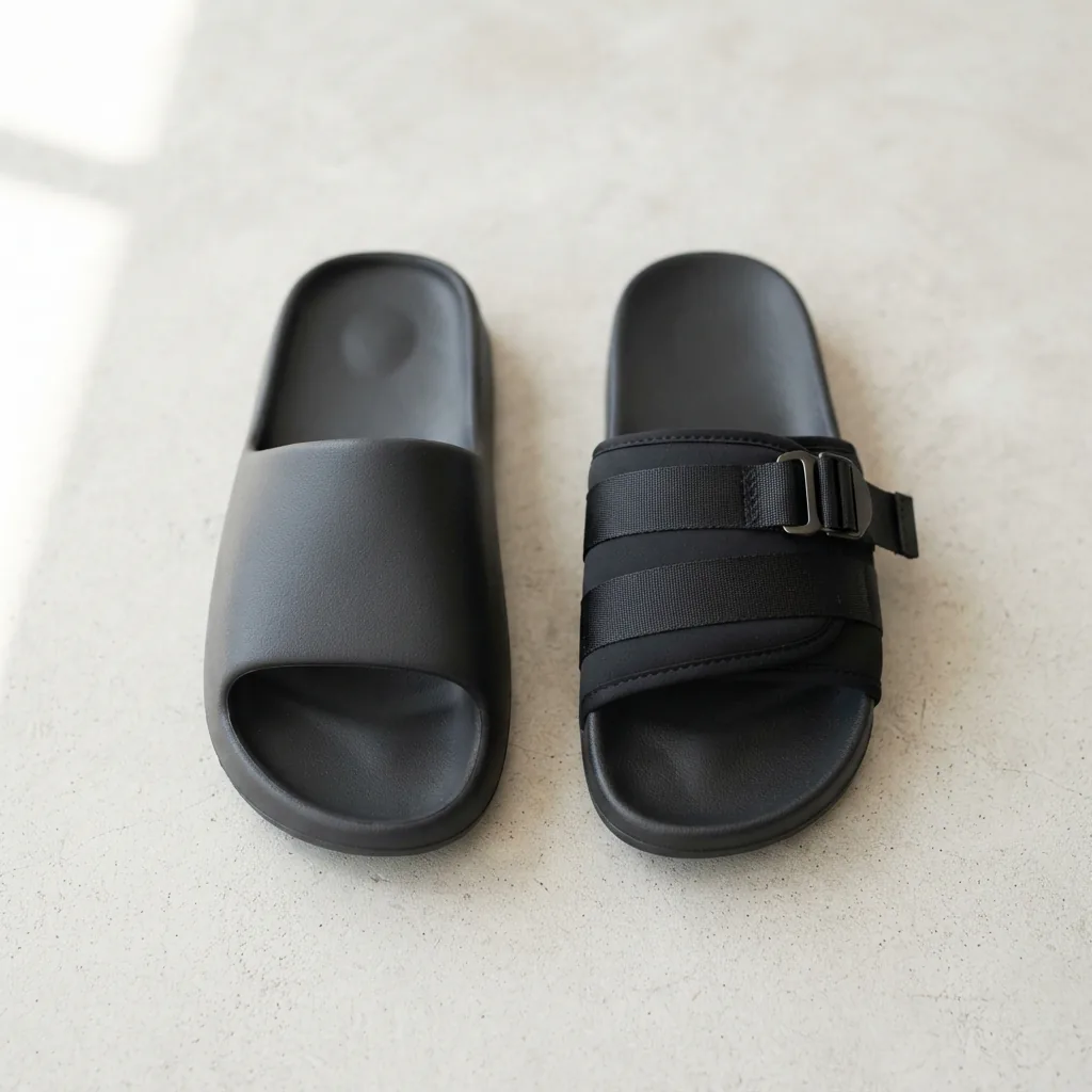 Side-by-side view of a fixed one-piece slide strap and an adjustable strap slide on pale concrete