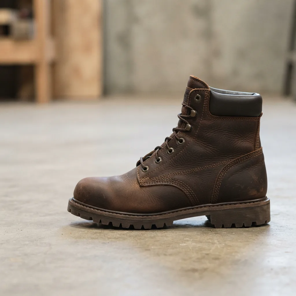 A men's Timberland PRO 6-inch soft toe work boot in dark brown leather on concrete.