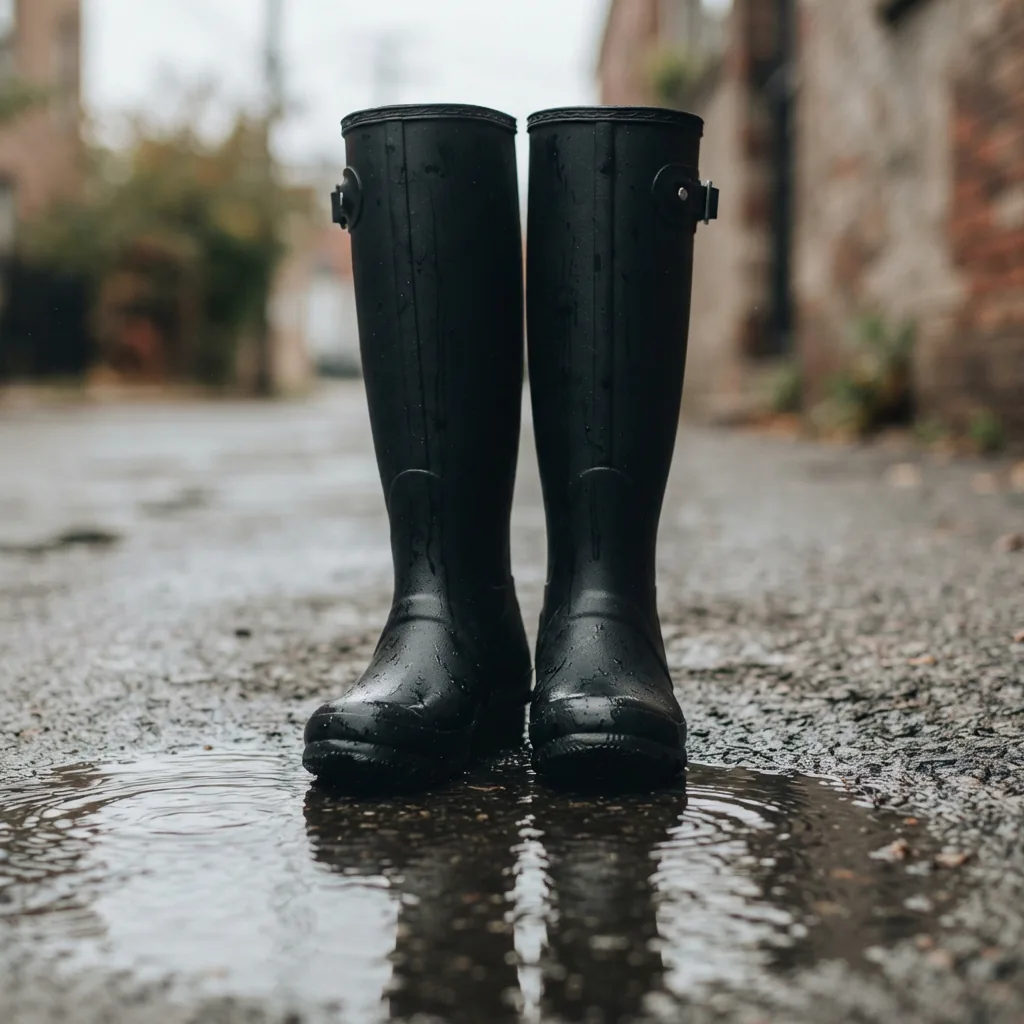 A pair of tall black rubber women's rain boots standing in a shallow puddle