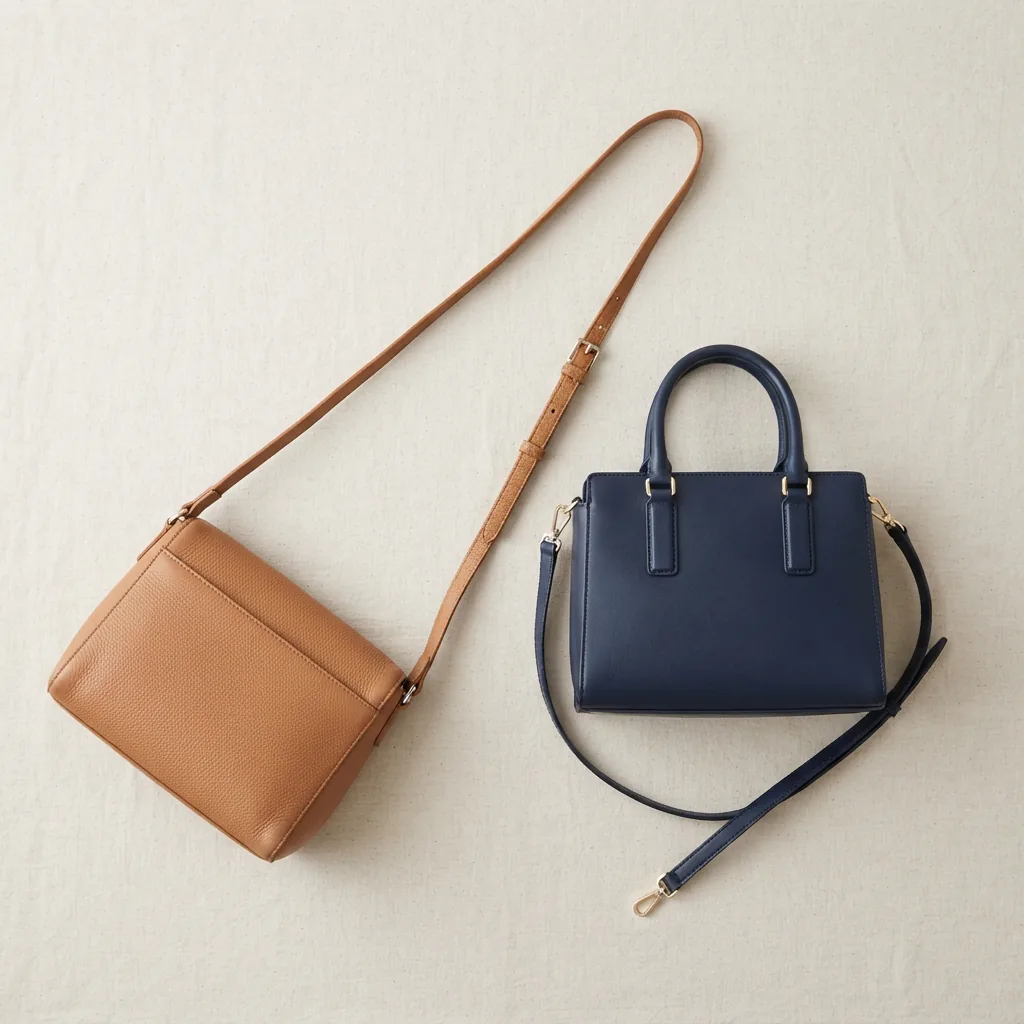 Crossbody bag strap worn across the body beside a handheld satchel on a table