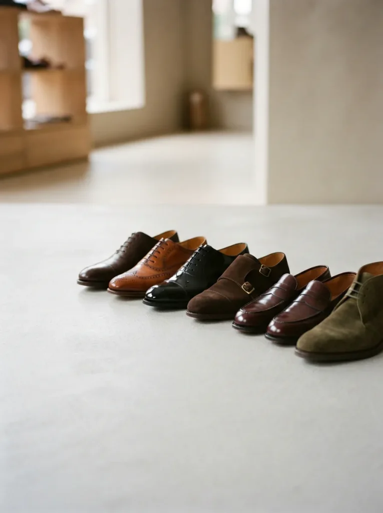 Assorted men's dress shoes in leather and suede lined up on a light studio surface.