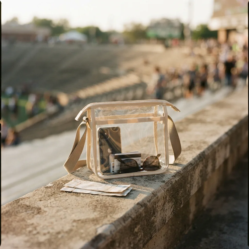 Clear panel crossbody bag with visible contents resting beside stadium tickets on a concrete ledge.