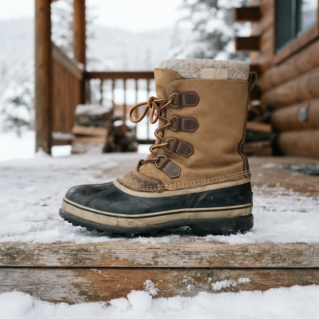 Sorel Caribou Boot in a classic winter design on a snowy porch step