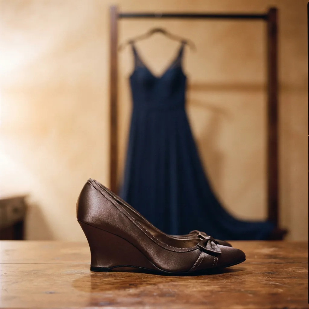 Wedge pump beside a simple evening dress on a softly lit neutral background