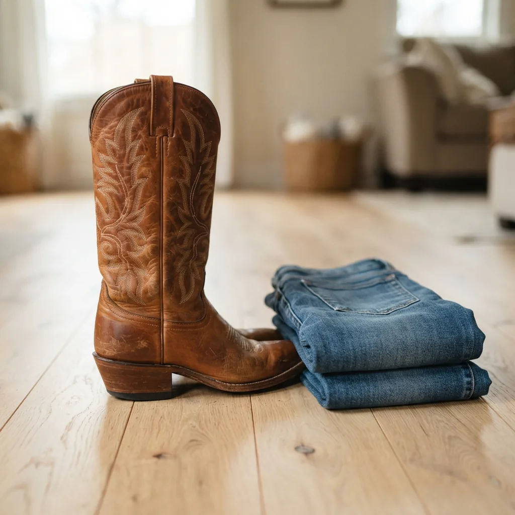 Tall shaft women's western cowboy boot standing beside a pair of slim jeans on a pale floor