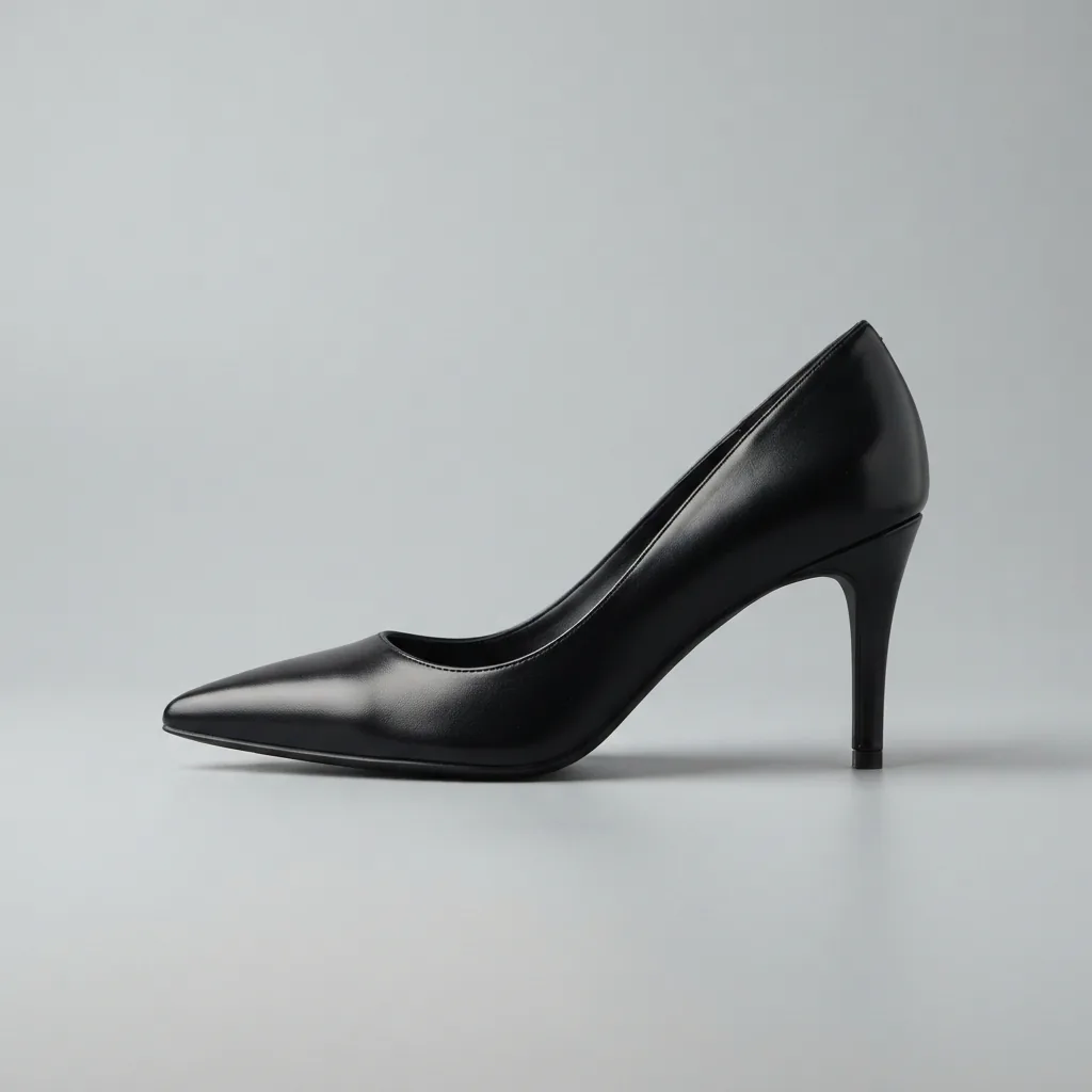 Pointed-toe black pump in profile against a light gray studio sweep