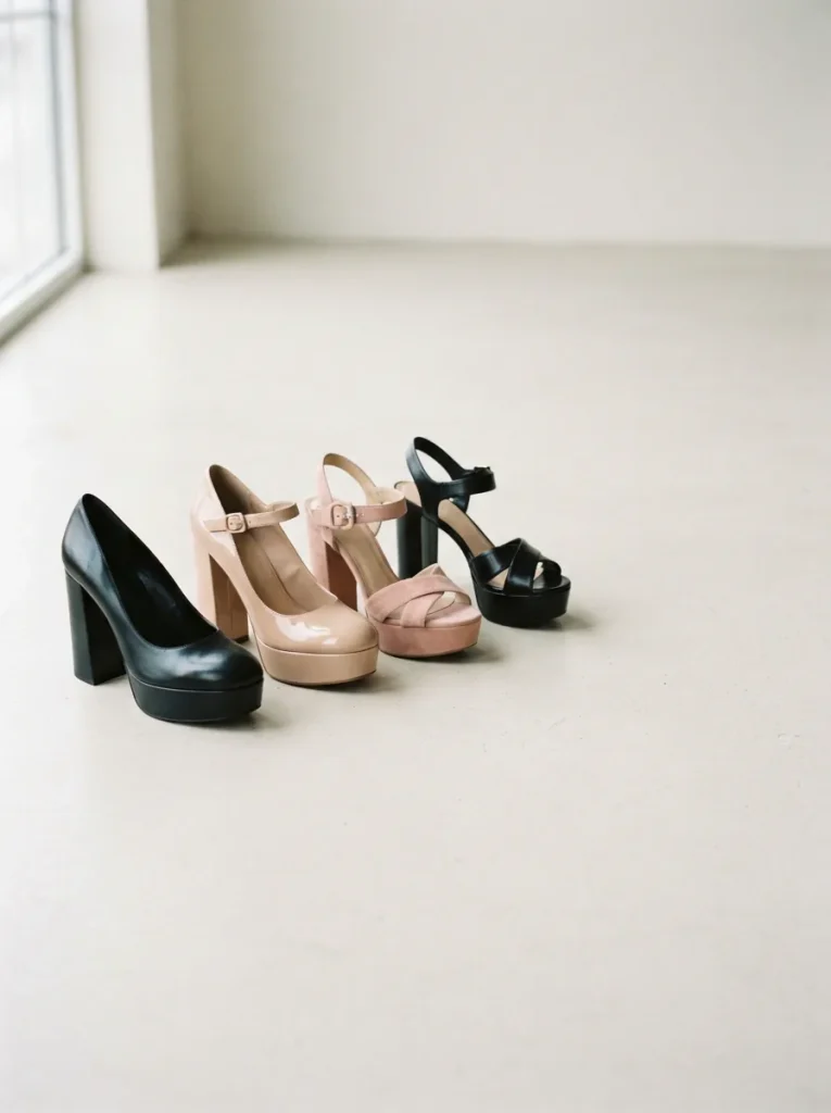 Assortment of women's platform heels, including pumps, Mary Janes and platform sandals, on a light studio floor