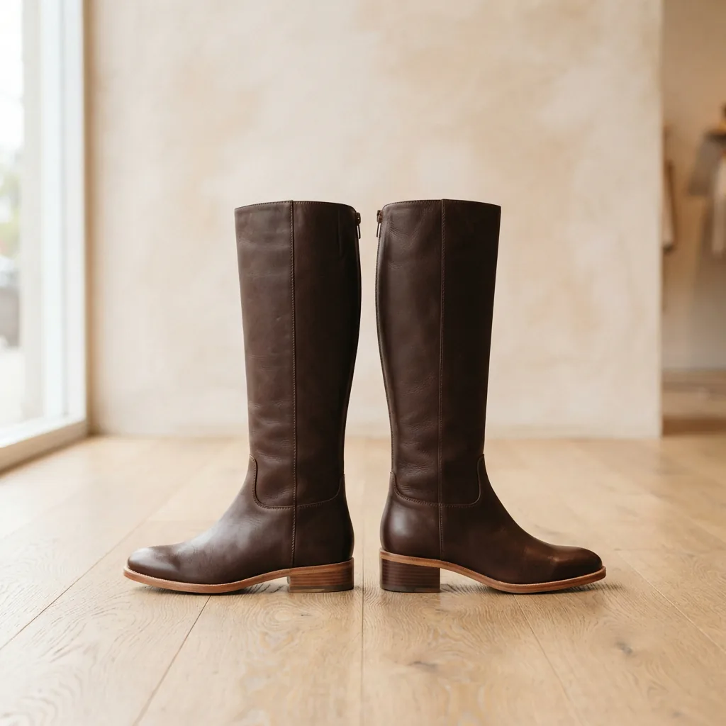 Two unbranded knee high boots side by side, one flat and one with a low block heel, on a studio floor