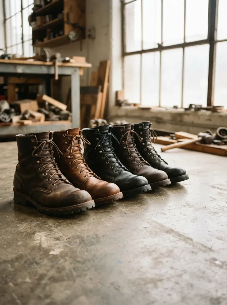 A lineup of unbranded brown and black leather work boots on a scuffed workshop floor.