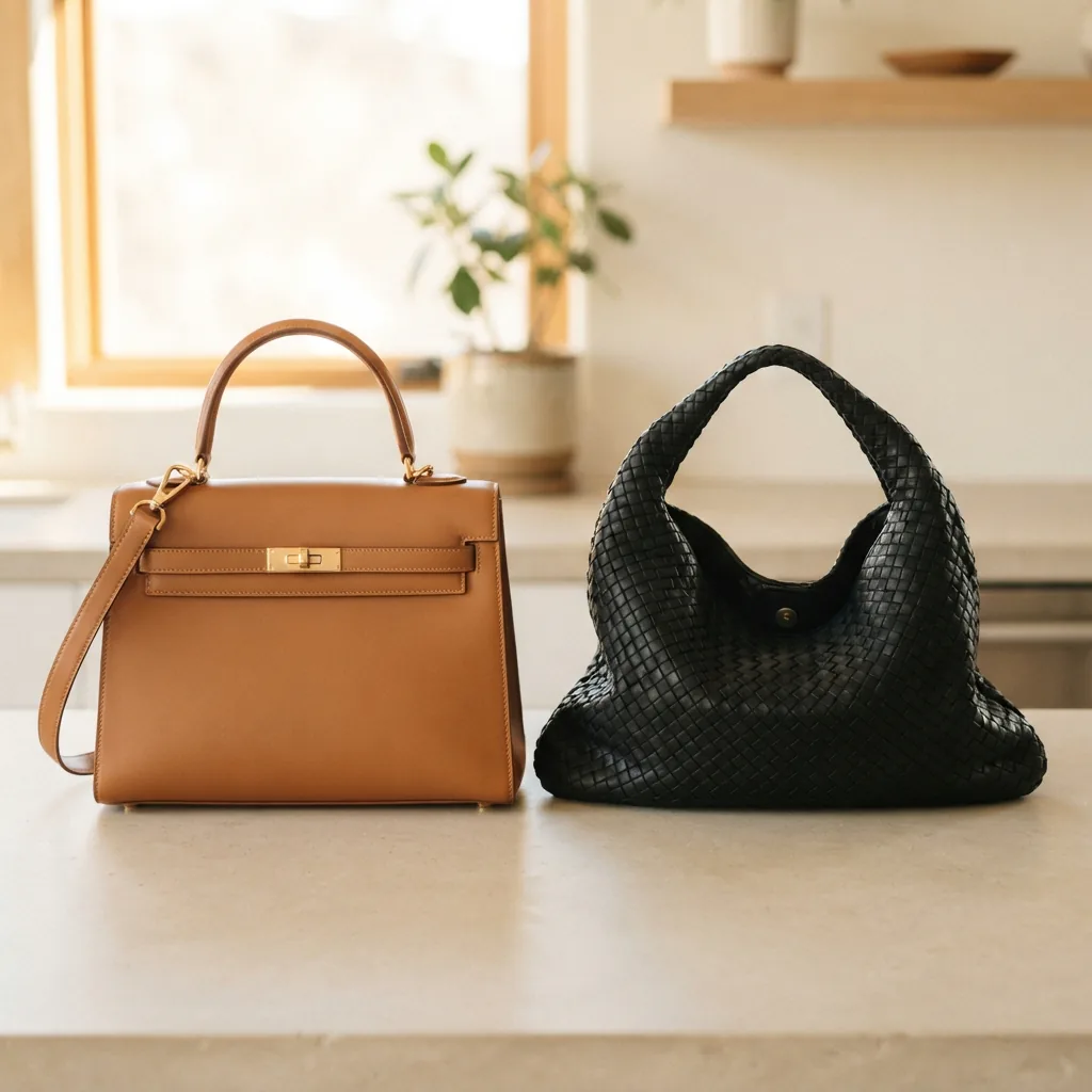 Structured satchel bag standing beside a slouchy woven hobo bag on a light studio surface