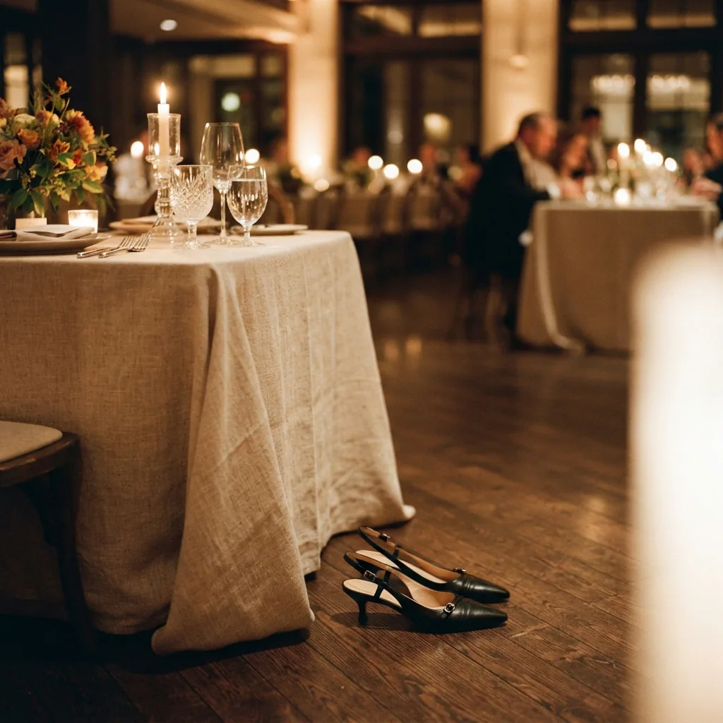 A pair of kitten heels on the floor beside a candlelit dinner table setting